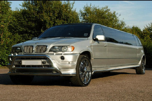 Chauffeur stretched silver BMW X5 limousine hire in Birmingham, Dudley, Wolverhampton, Walsall, Midlands.