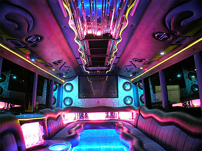 Chauffeur driven Party Bus limo hire interior in UK