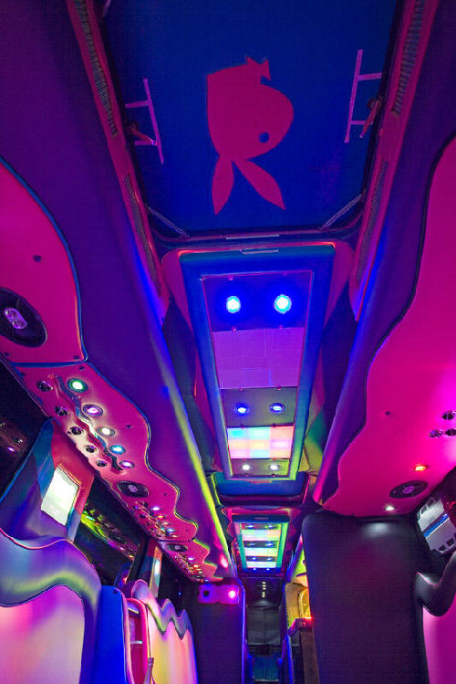 Chauffeur driven Party Bus limousine hire interior in Bristol, Gloucester, Cheltenham, Cardiff, Wales, Weston Super Mare, and Bath.