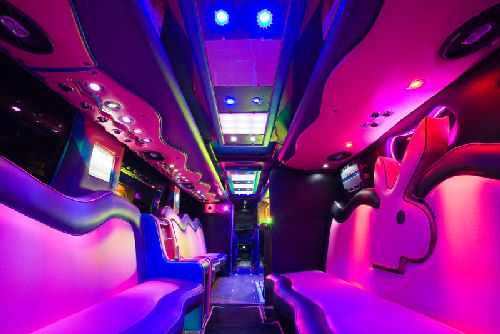 Chauffeur driven Party Bus limo hire Play Boy den interior in Bristol, Gloucester, Cheltenham, Cardiff, Wales, Weston Super Mare, and Bath.