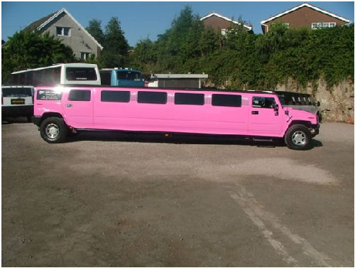 Chauffeur stretch pink Hummer H2 limousine hire in Bristol, Gloucester, Cheltenham, Cardiff, Wales, Weston Super Mare, and Bath.